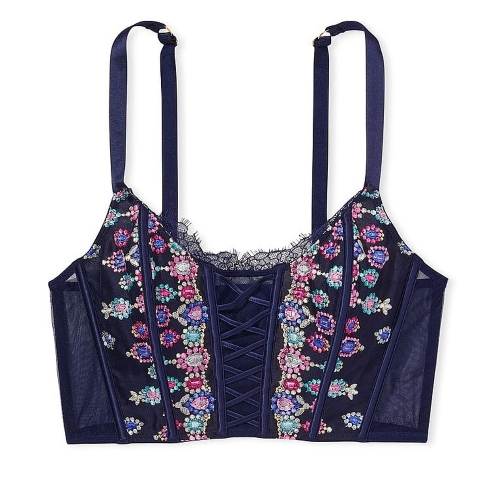 Victoria Secret Top Unlined Corset Lace Bra Bejeweled‎ Navy Embroidered